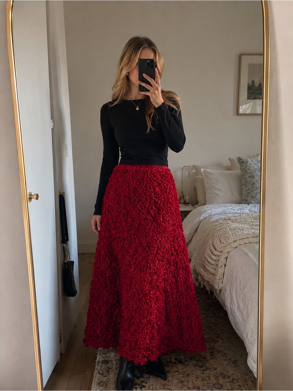 COMMENSE High-Waist Rosette Skirt – XS – Red Floral 3D Textured Maxi Skirt